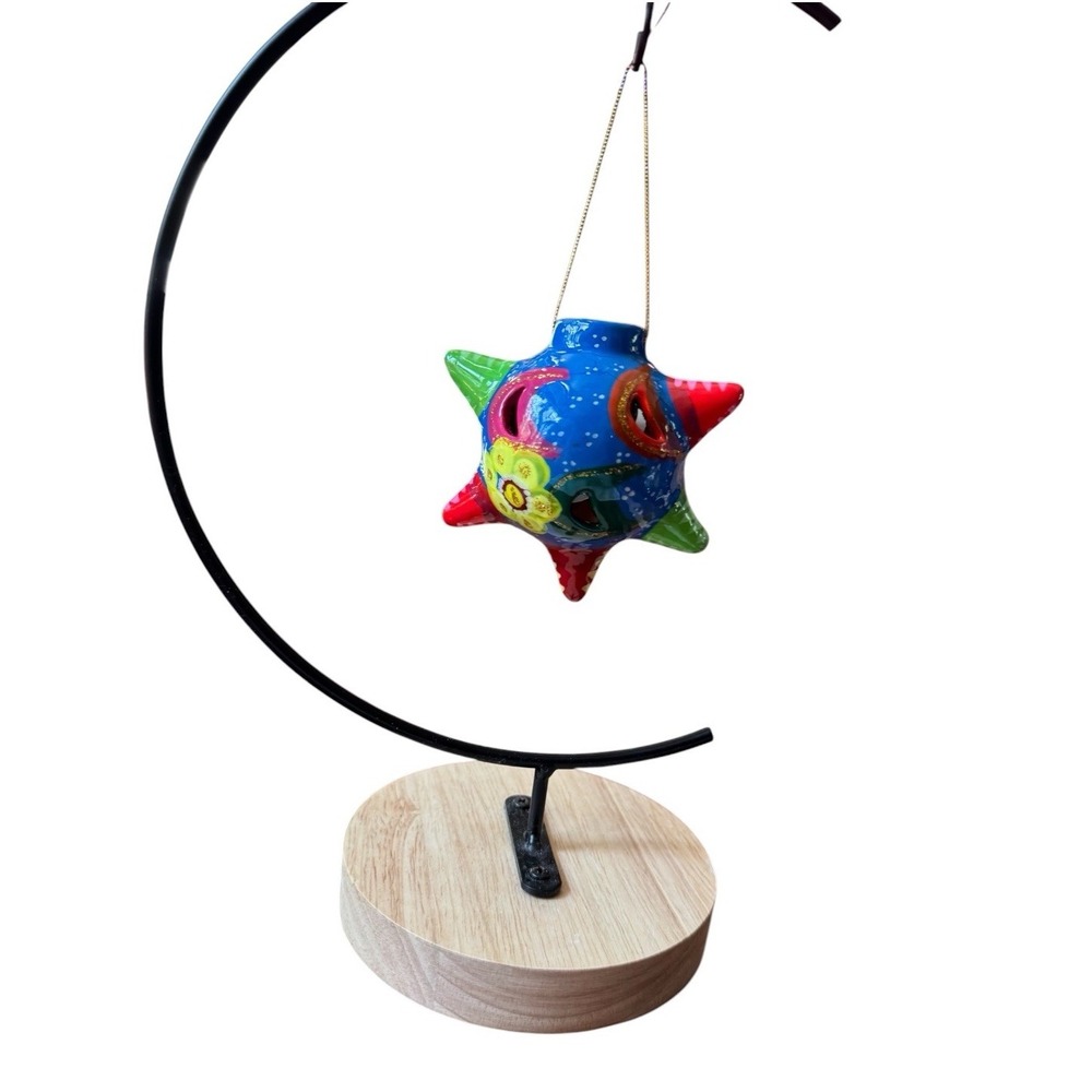 Hand Painted Ceramic Star Christmas Ornament Floral Folk Art Pierced Colorful